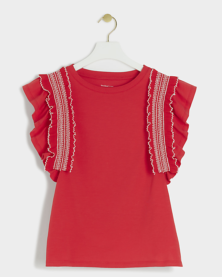 Red frill sleeve t-shirt