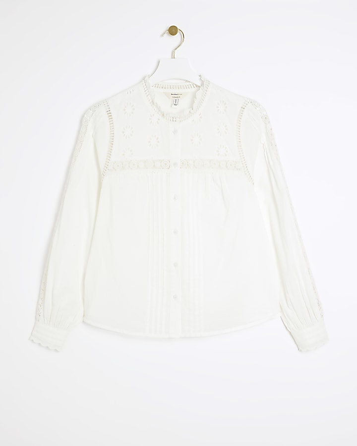 White pleated smock broderie blouse | River Island