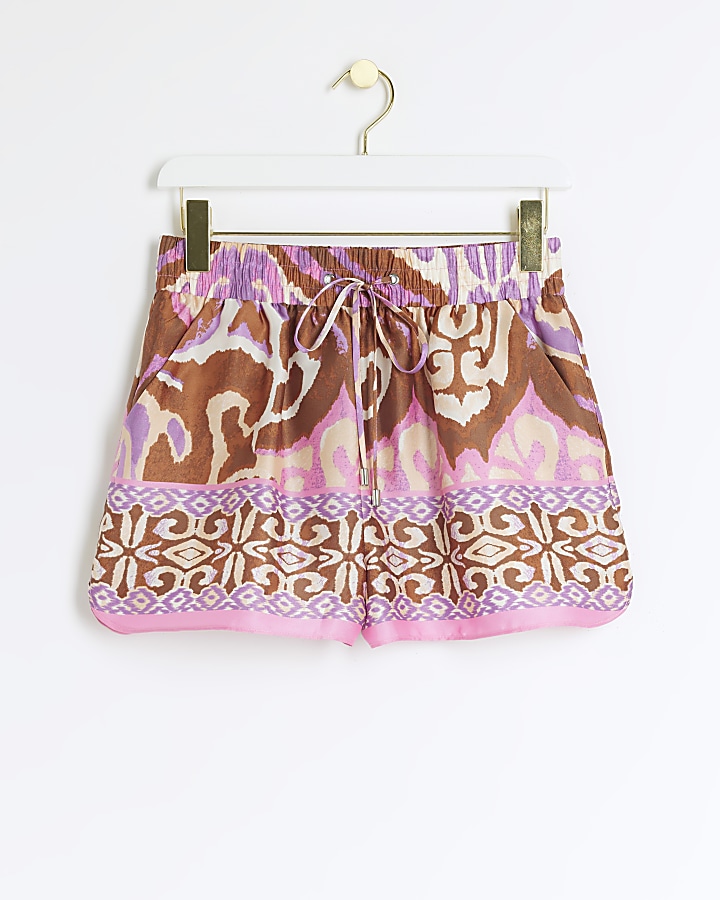 Purple satin abstract elasticated shorts