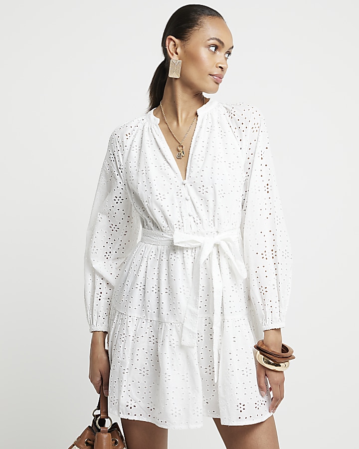 White Broderie Belted Mini Shirt Dress | River Island