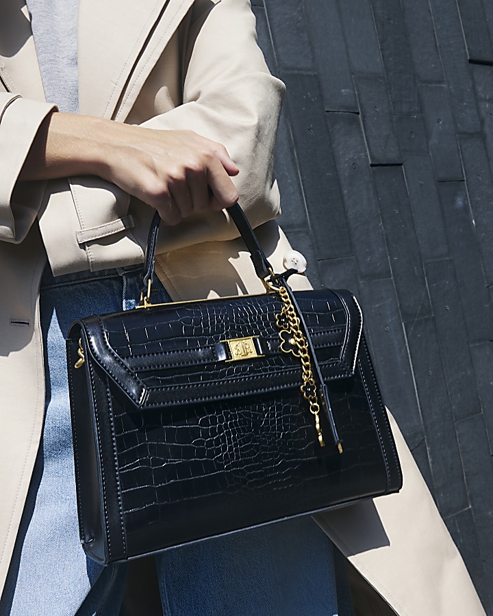 Black croc embossed chain tote bag River Island