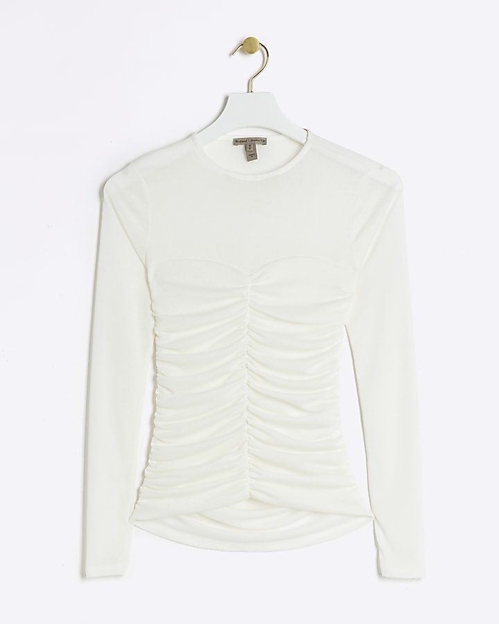 Cream mesh ruched long sleeve top