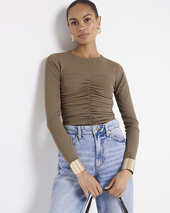 Brown mesh ruched long sleeve top