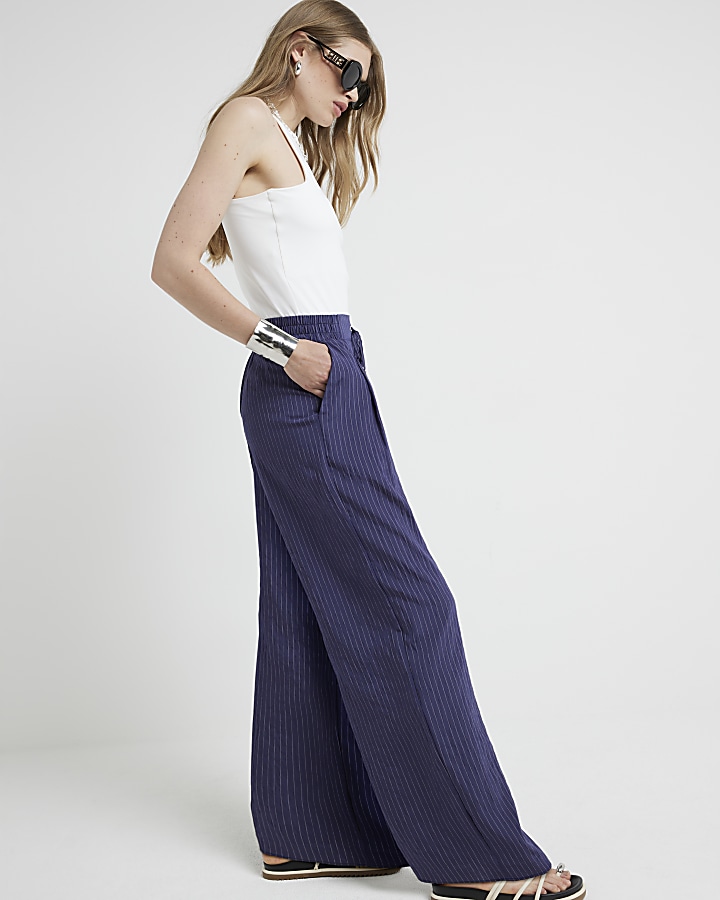 Navy Stripe Wide Leg Trousers