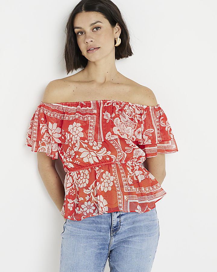Red floral frill bardot top