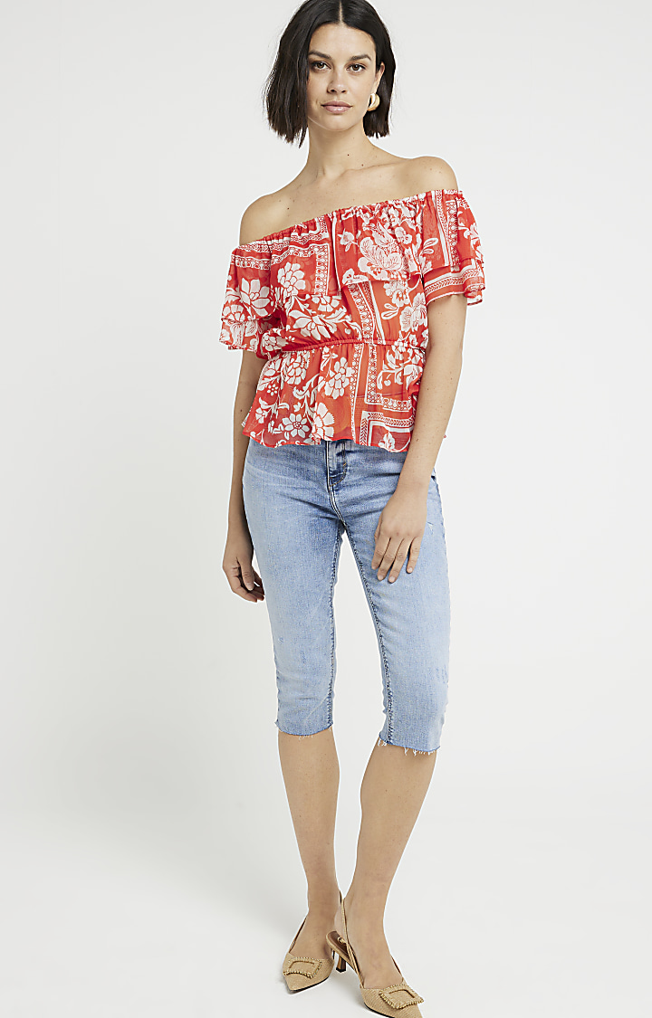 Red floral frill bardot top
