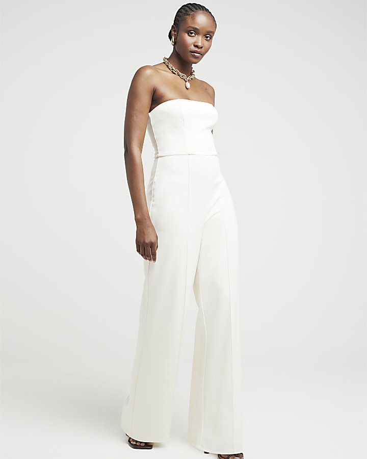 Cream Bandeau Wide Leg Jumpsuit