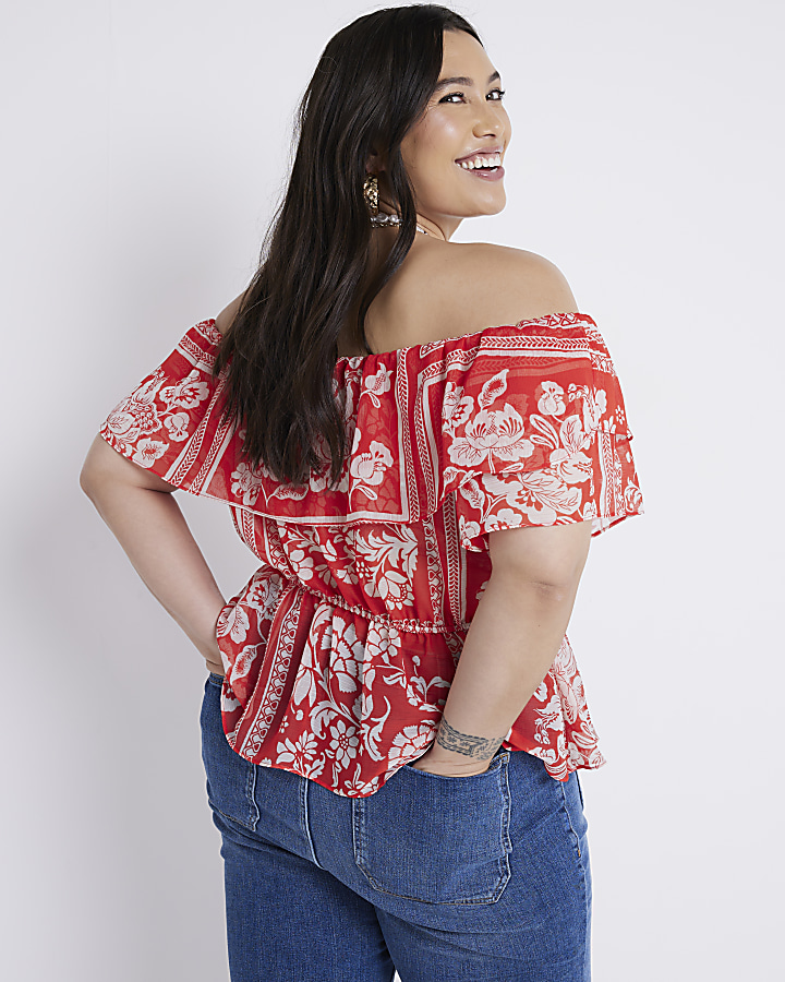 Plus Red Floral Frill Bardot Top