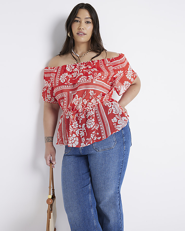 Plus Red Floral Frill Bardot Top