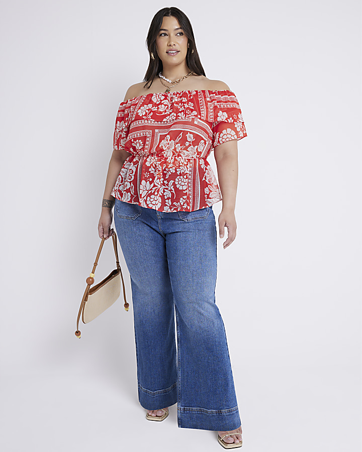 Plus Red Floral Frill Bardot Top