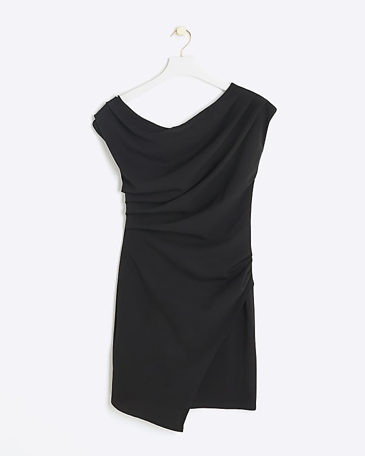 Black drape asymmetric bodycon mini dress