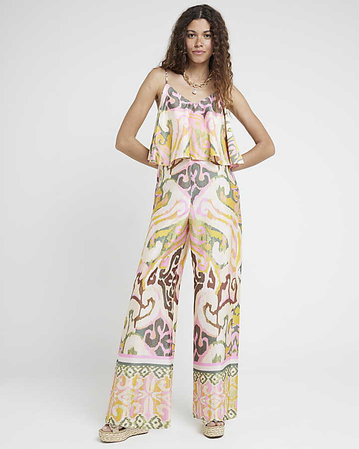 Pink satin abstract layered jumpsuit