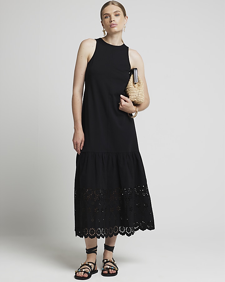 Black Broderie Hem Shift Midi Dress | River Island