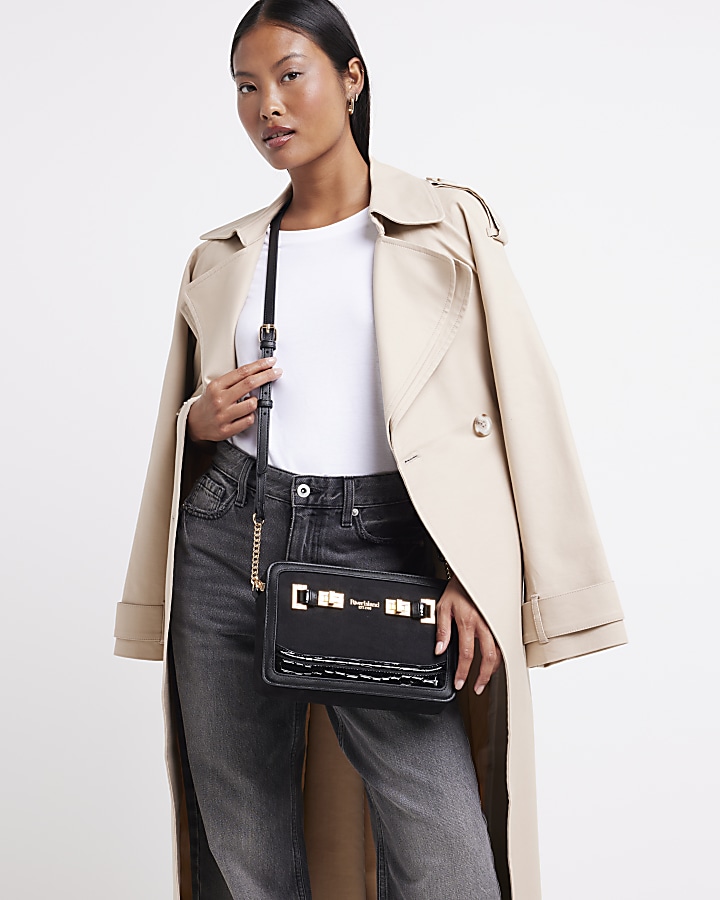 Black suedette boxy cross body bag | River Island