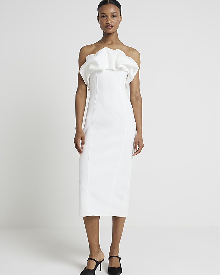 White bandeau bodycon midi dress