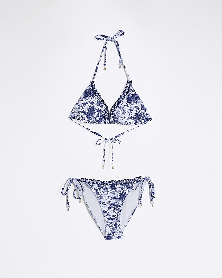 Navy floral print triangle bikini set