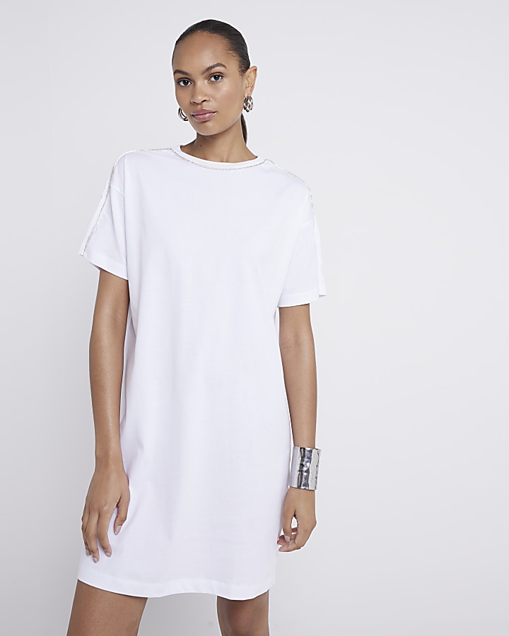 White Diamante Trim T-Shirt Mini Dress | River Island