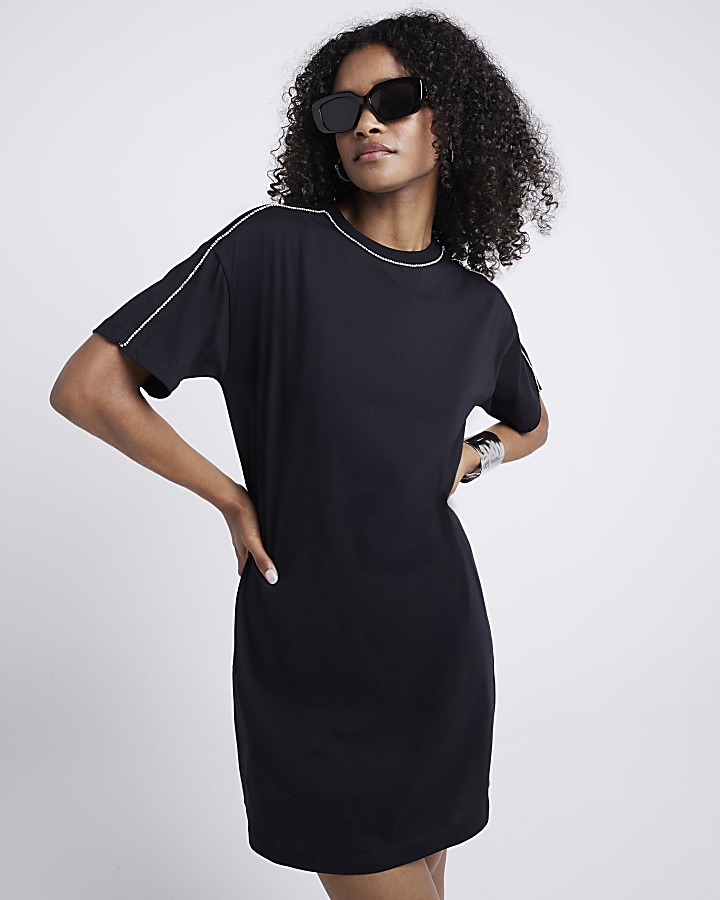 Black Diamante Trim T-shirt Mini Dress | River Island