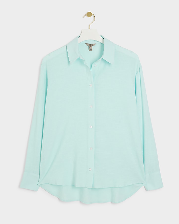 Aqua linen blend boyfriend shirt