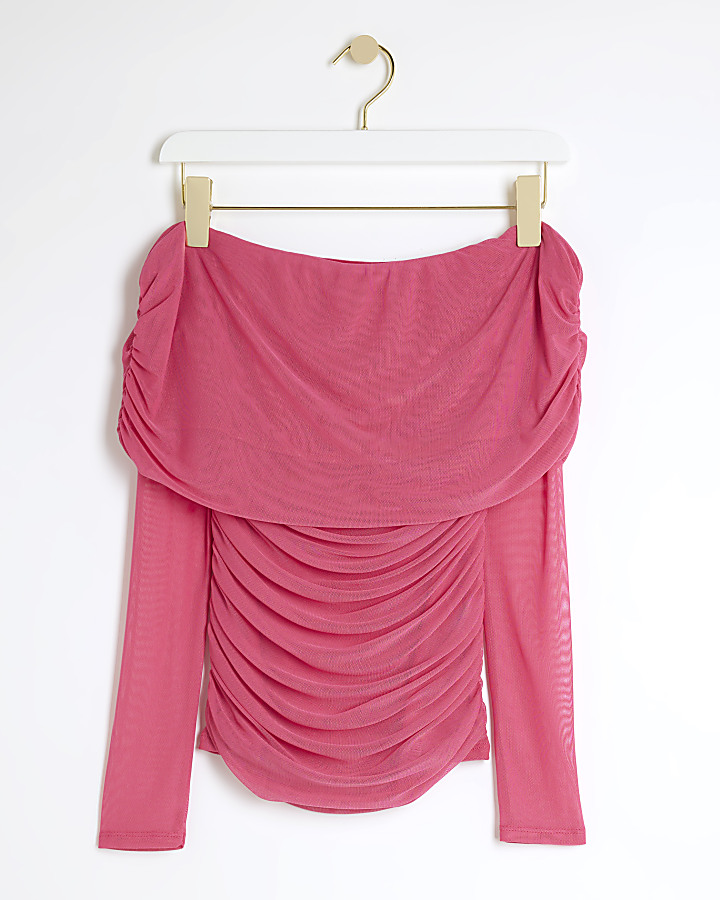 Pink mesh bardot long sleeve top