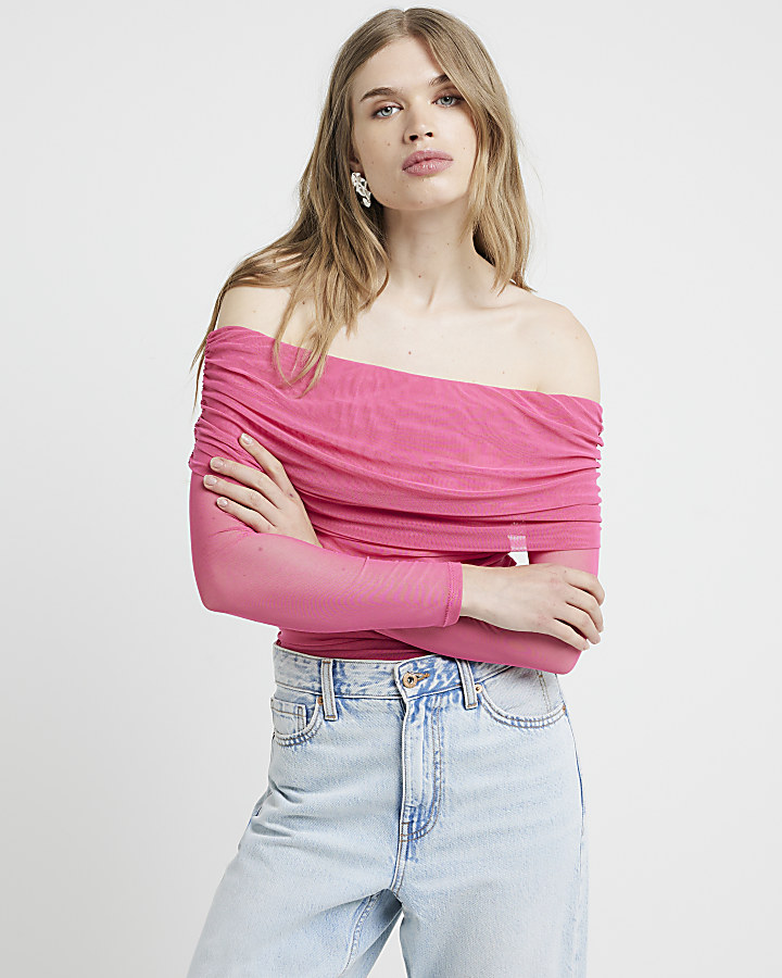 Pink mesh bardot long sleeve top