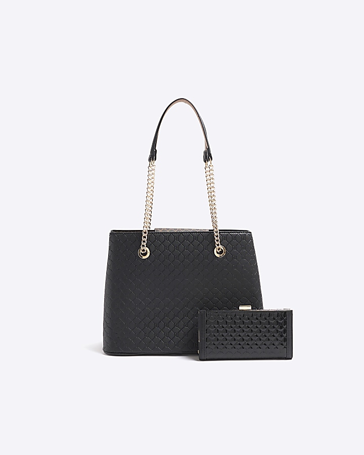 Black embossed monogram tote bag and purse