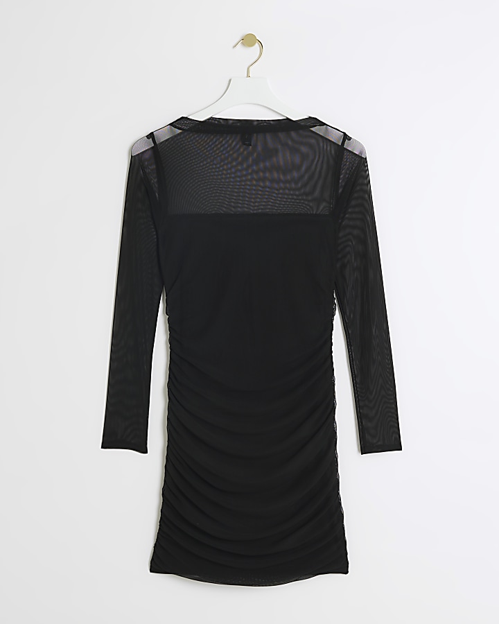 Black mesh ruched bodycon mini dress