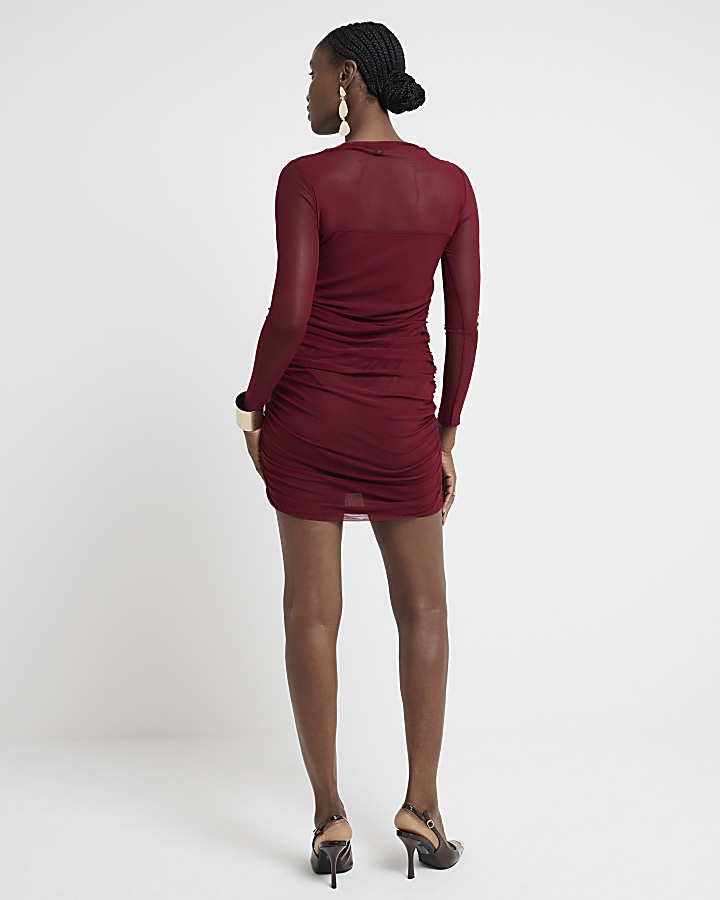 Red mesh ruched bodycon mini dress