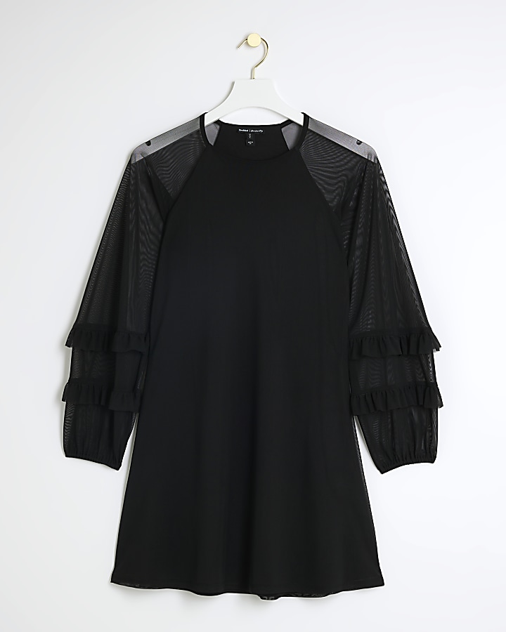 Black mesh frill sleeve swing mini dress