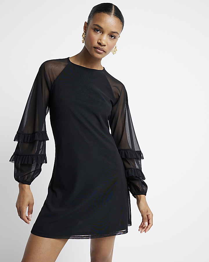 Black mesh frill sleeve swing mini dress