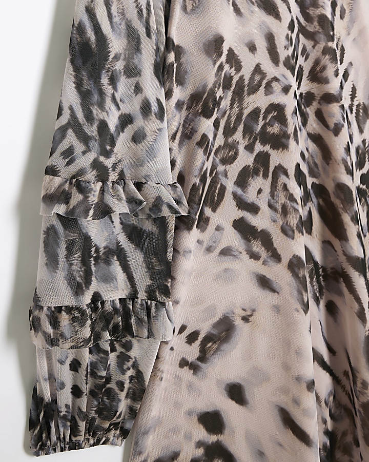 Grey leopard print frill swing mini dress