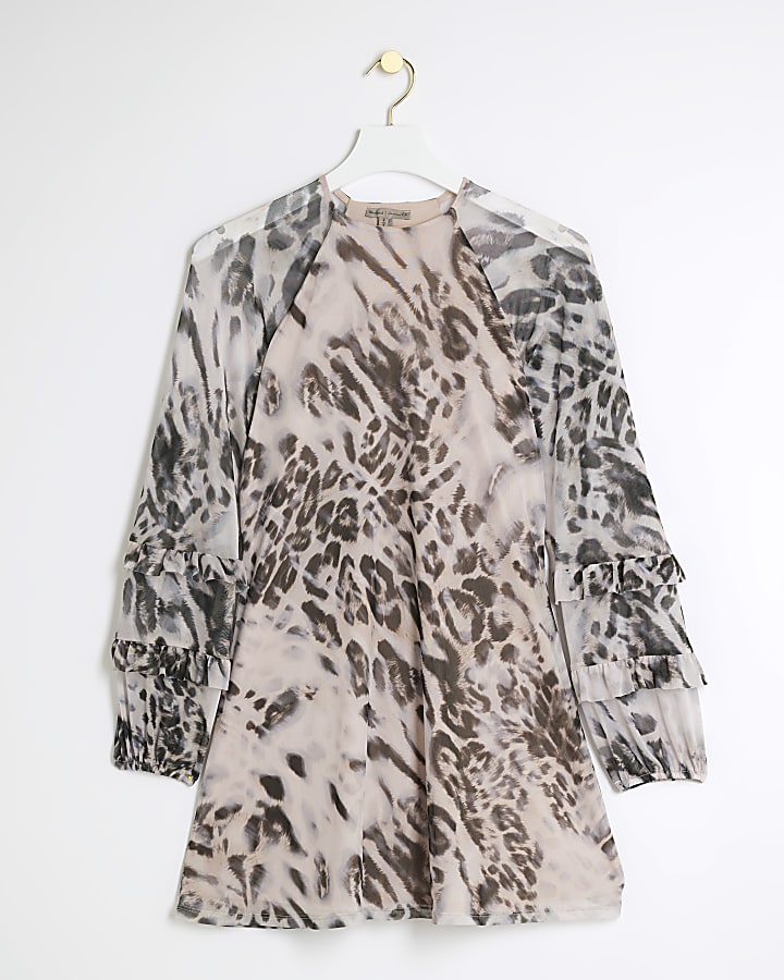 Grey leopard print frill swing mini dress