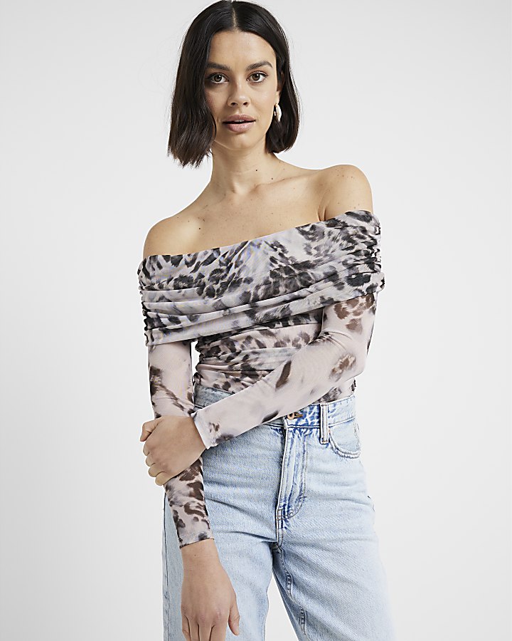 Grey mesh leopard print bardot top