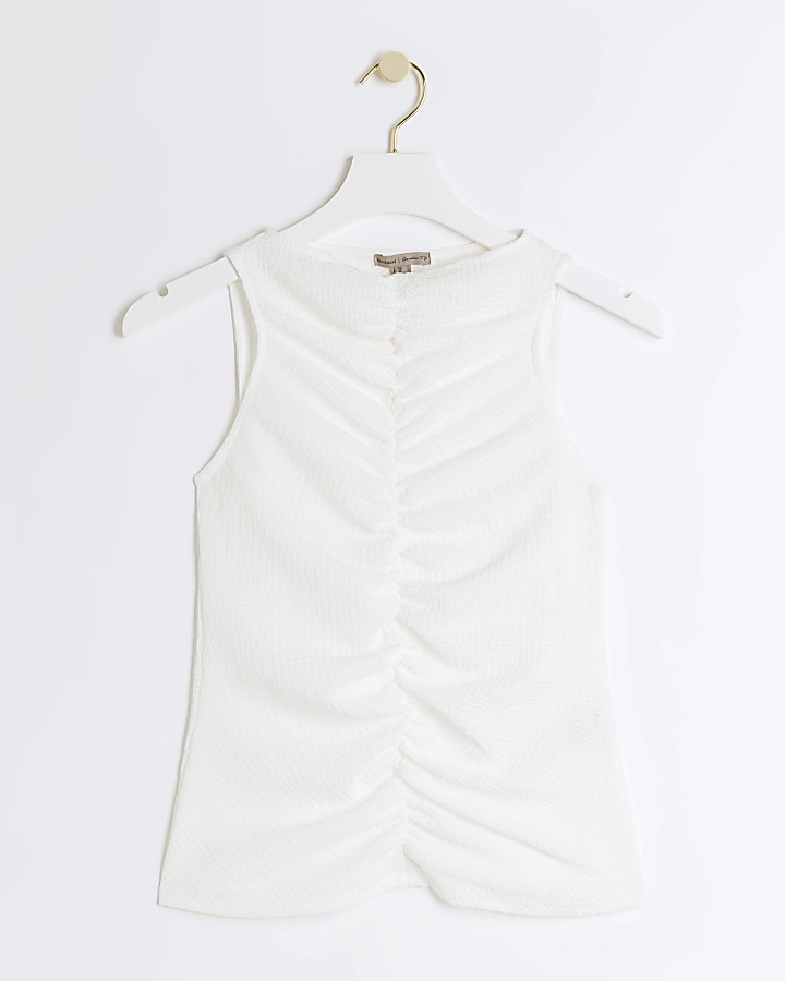 White textured ruched tank top