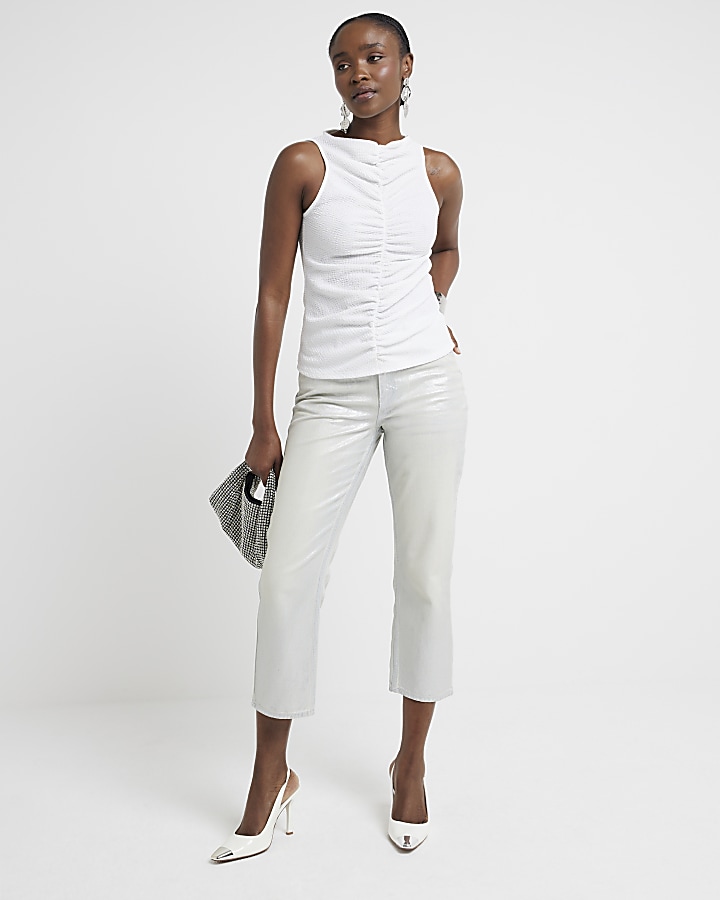 White textured ruched tank top