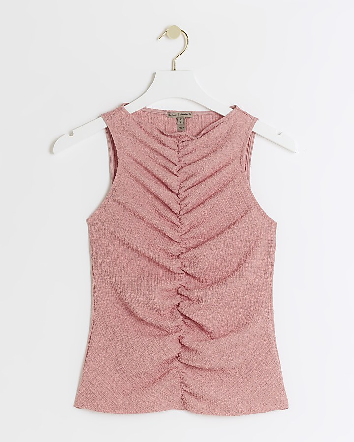 Pink textured ruched tank top