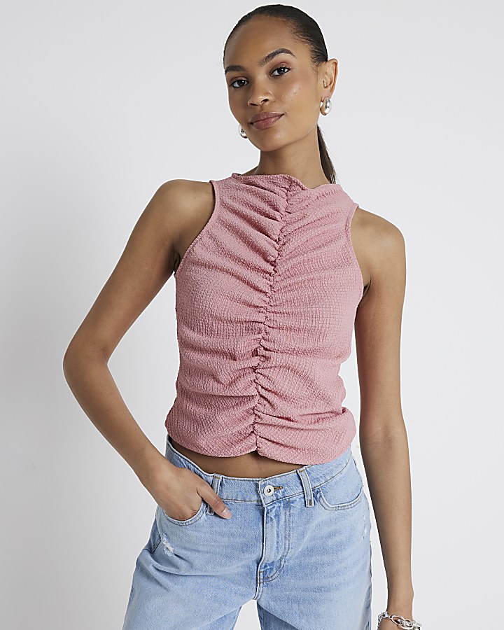 Pink textured ruched tank top