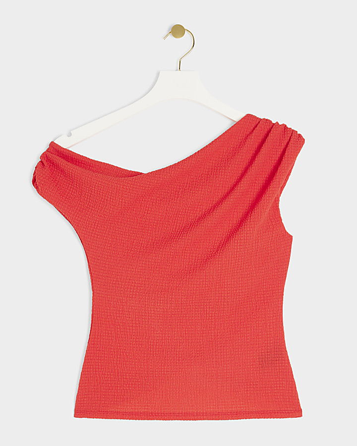 Red Textured One Shoulder Drape Top