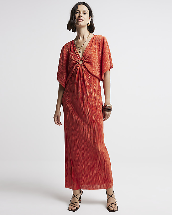 Orange plisse batwing sleeve swing maxi dress | River Island