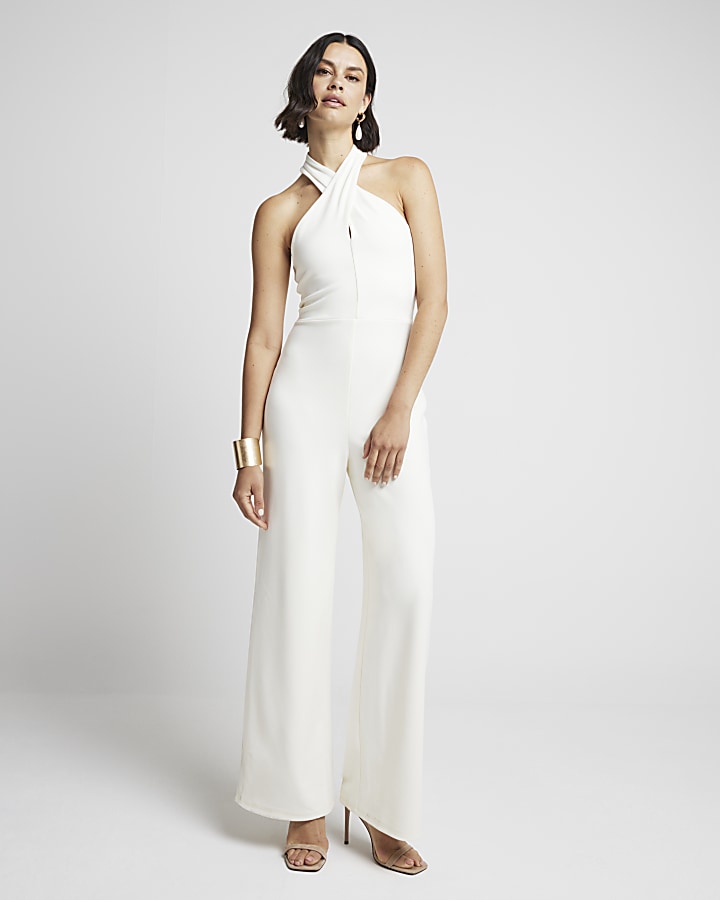 Cream Crossed Halter Neck Jumpsuit River Island 5831