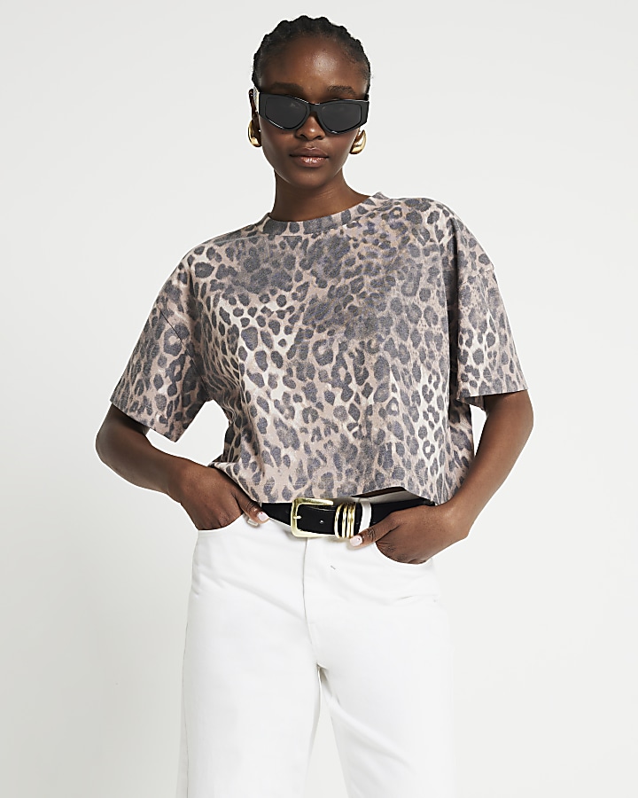 Brown Cropped Leopard Print T-Shirt