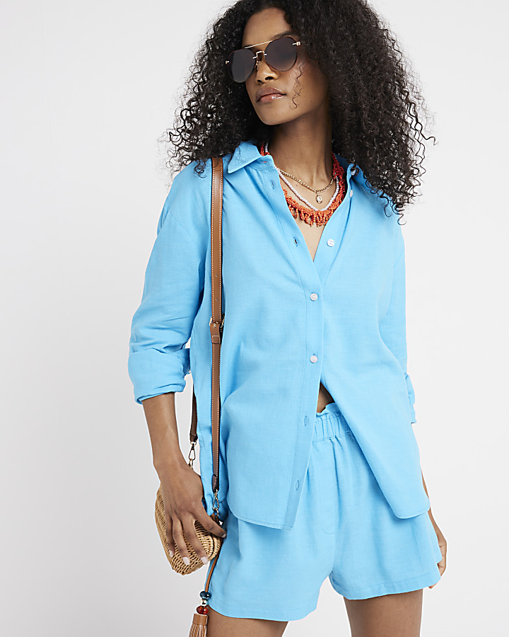 Lily Belted Denim Blue Linen Blend Shorts main image 1