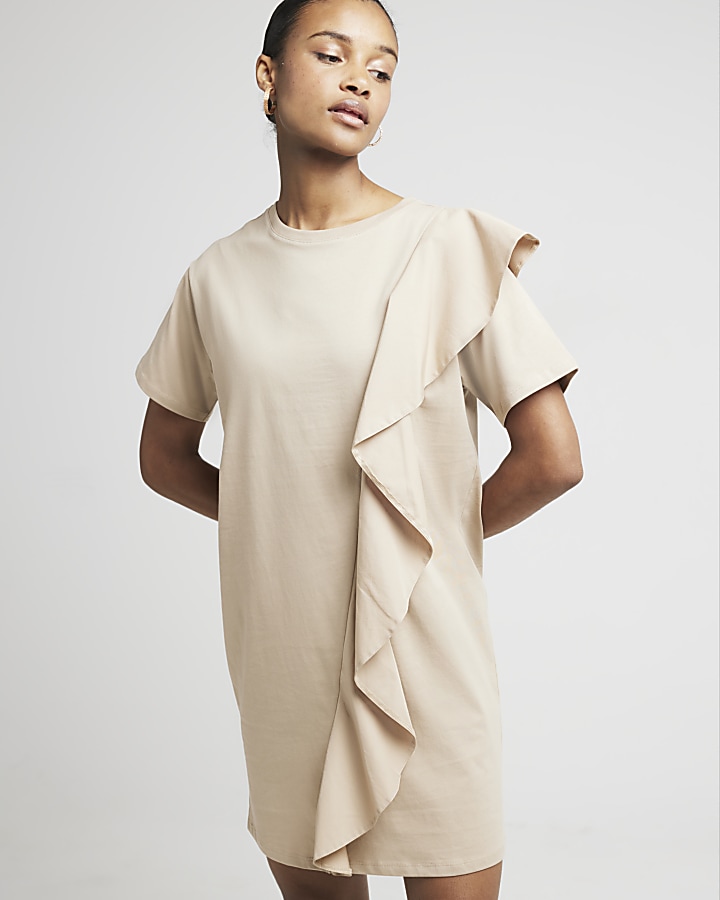Long Sleeve Dress With Frill Beige main image 1