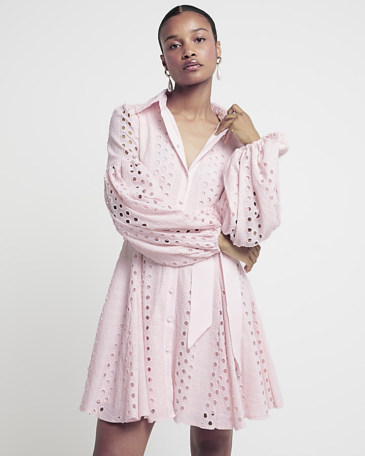 Pink broderie belted mini shirt dress | River Island