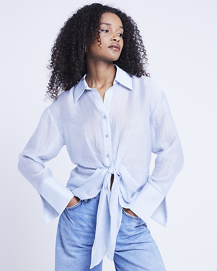 Blue twist front button up shirt | River Island