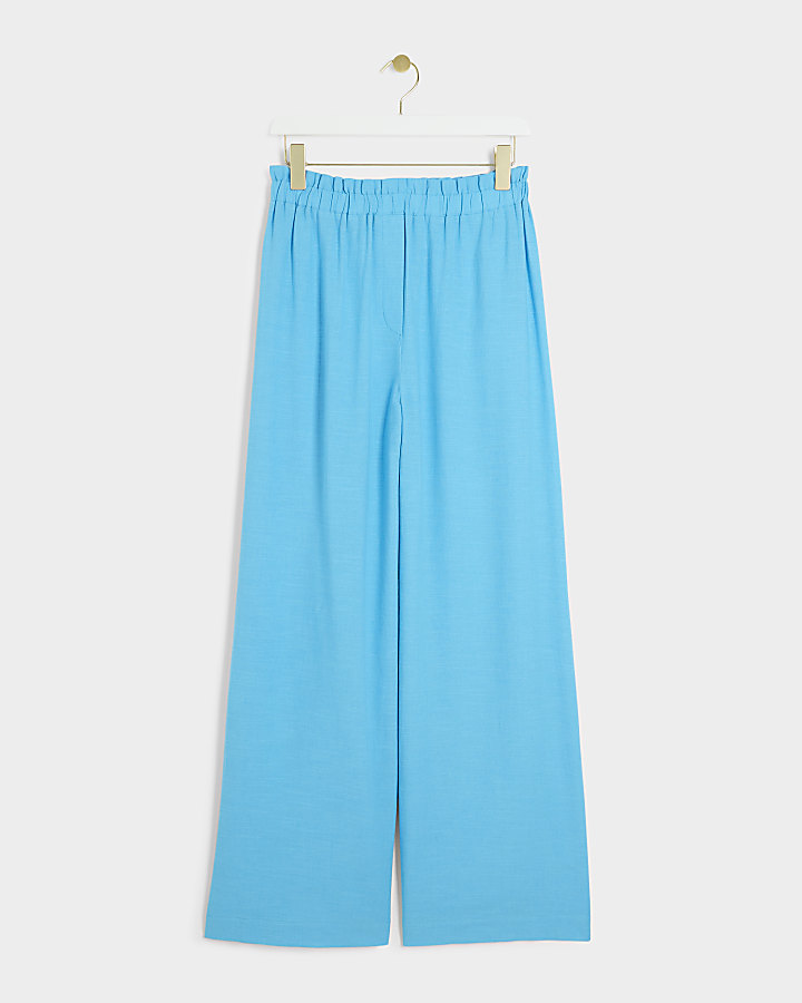 Blue linen blend wide leg trousers