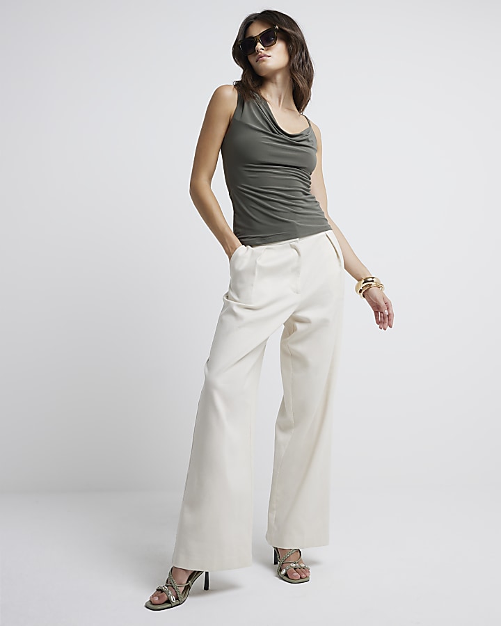 Khaki Asymmetric Cowl Neck Top