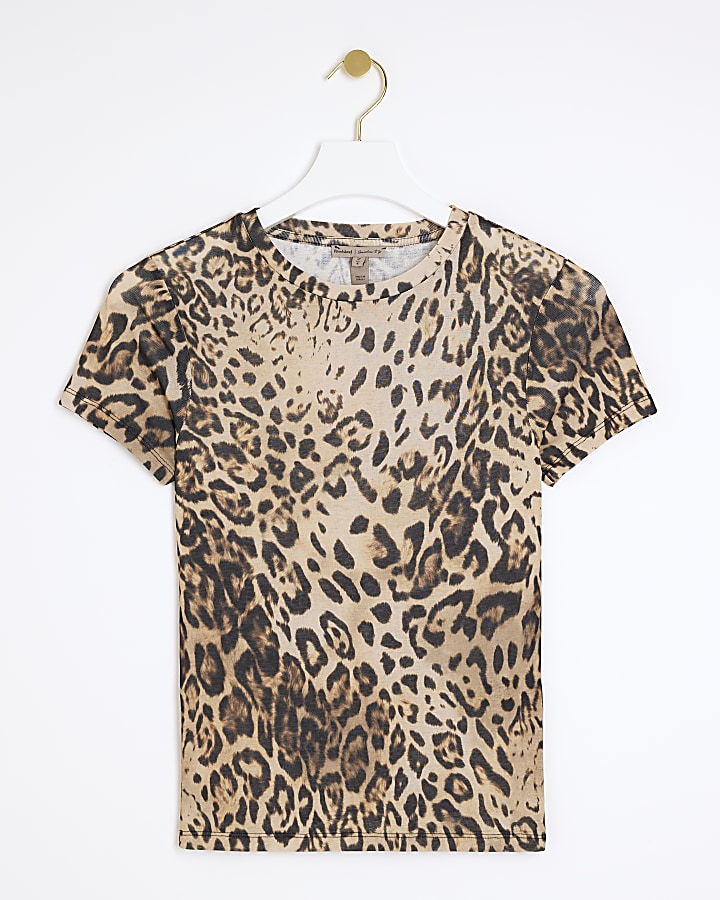 Beige leopard print sheer t-shirt | River Island