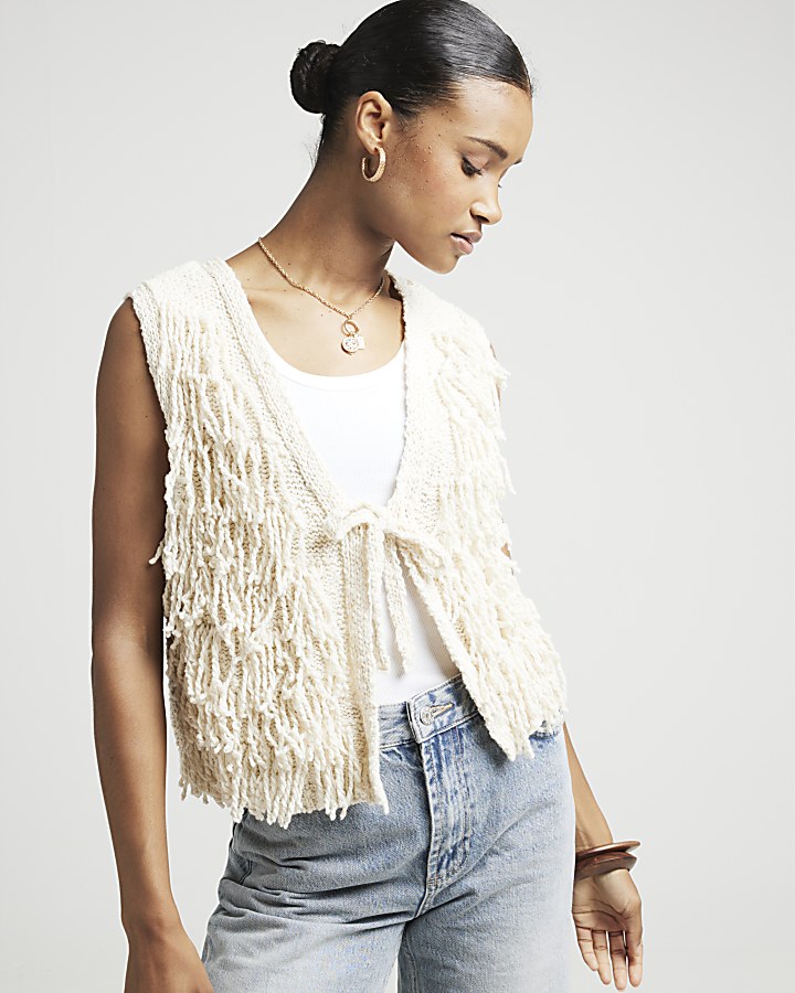 Cream knitted fringe gilet