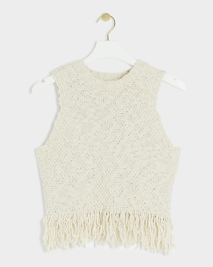 Cream knitted fringe vest top
